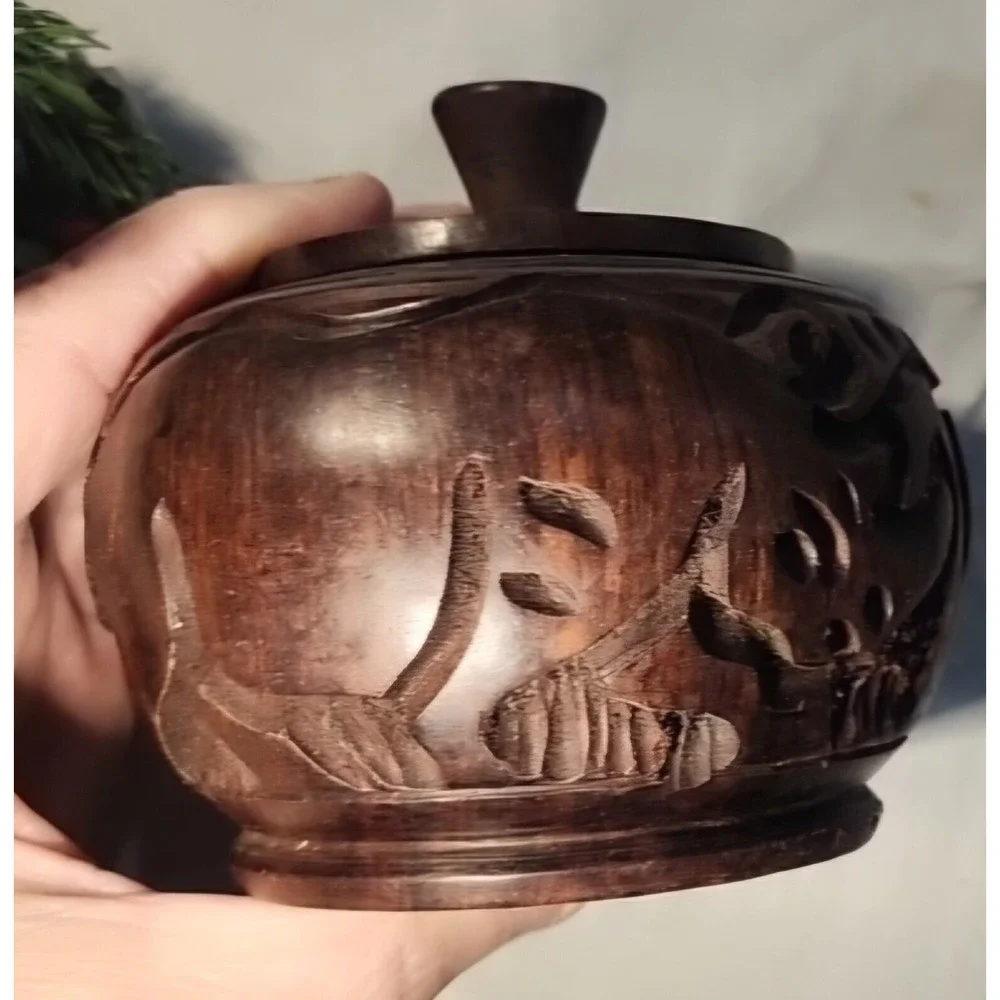 Vintage African Wooden Spice Jar Round Handmade Elephants Approx. 3
